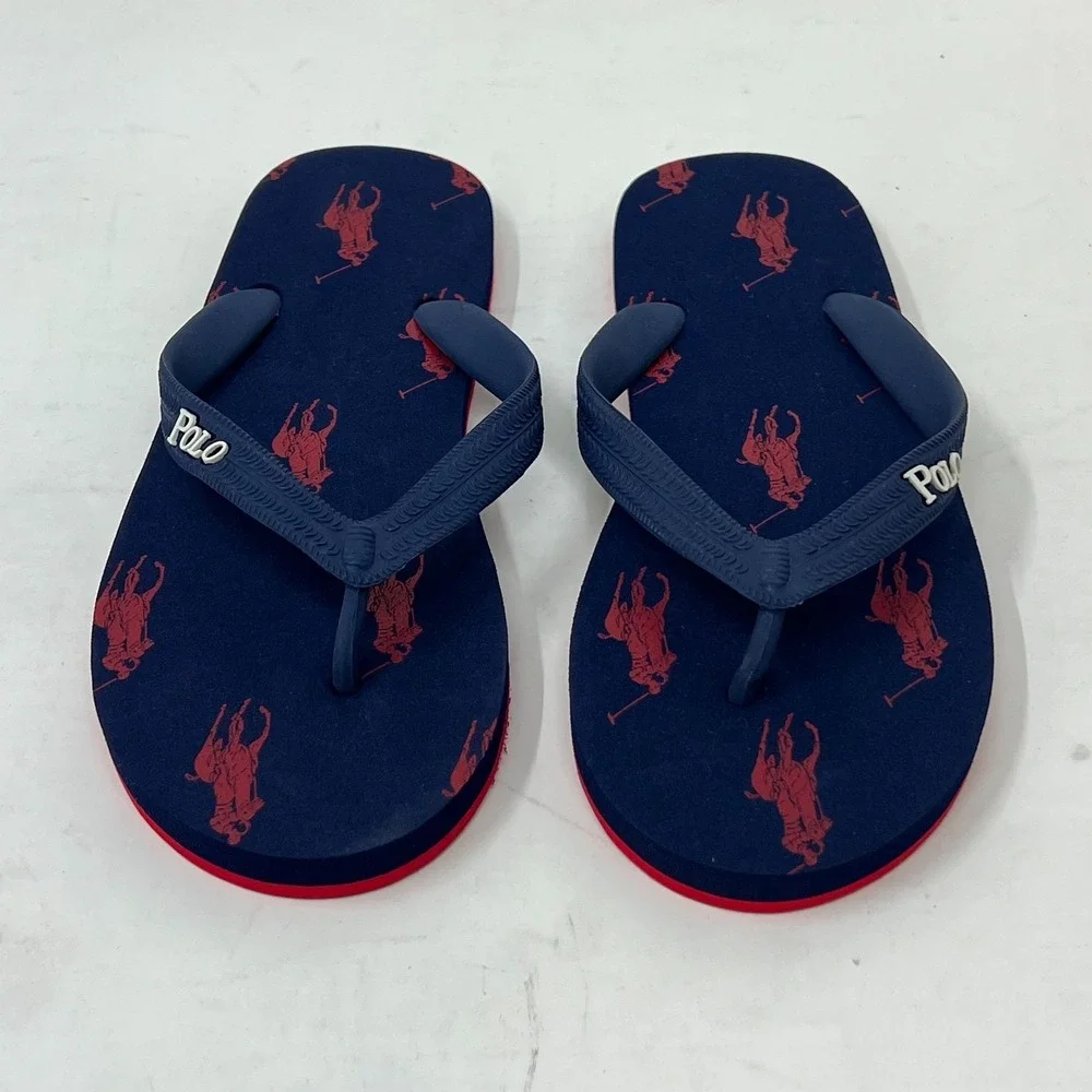 Polo Ralph Lauren Unisex Junior Flip Flop Navy/ Red Pony Logo‎ US Size 4 VTG NEW